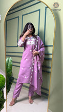Load image into Gallery viewer, New Function Wear Light Wine Color Roman Silk Embroidery n Sequence Work Designer Straight Kurta With Trouser n Dupatta Set
