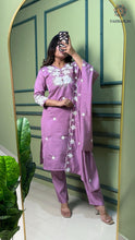 Load image into Gallery viewer, New Function Wear Light Wine Color Roman Silk Embroidery n Sequence Work Designer Straight Kurta With Trouser n Dupatta Set

