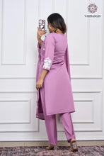 Load image into Gallery viewer, New Function Wear Light Wine Color Roman Silk Embroidery n Sequence Work Designer Straight Kurta With Trouser n Dupatta Set
