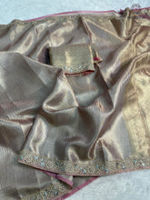 Load image into Gallery viewer, New Wedding Wear Golden Color Kanchipuram Tissue Silk Zari Weaving n Lace Work Designer Saree
