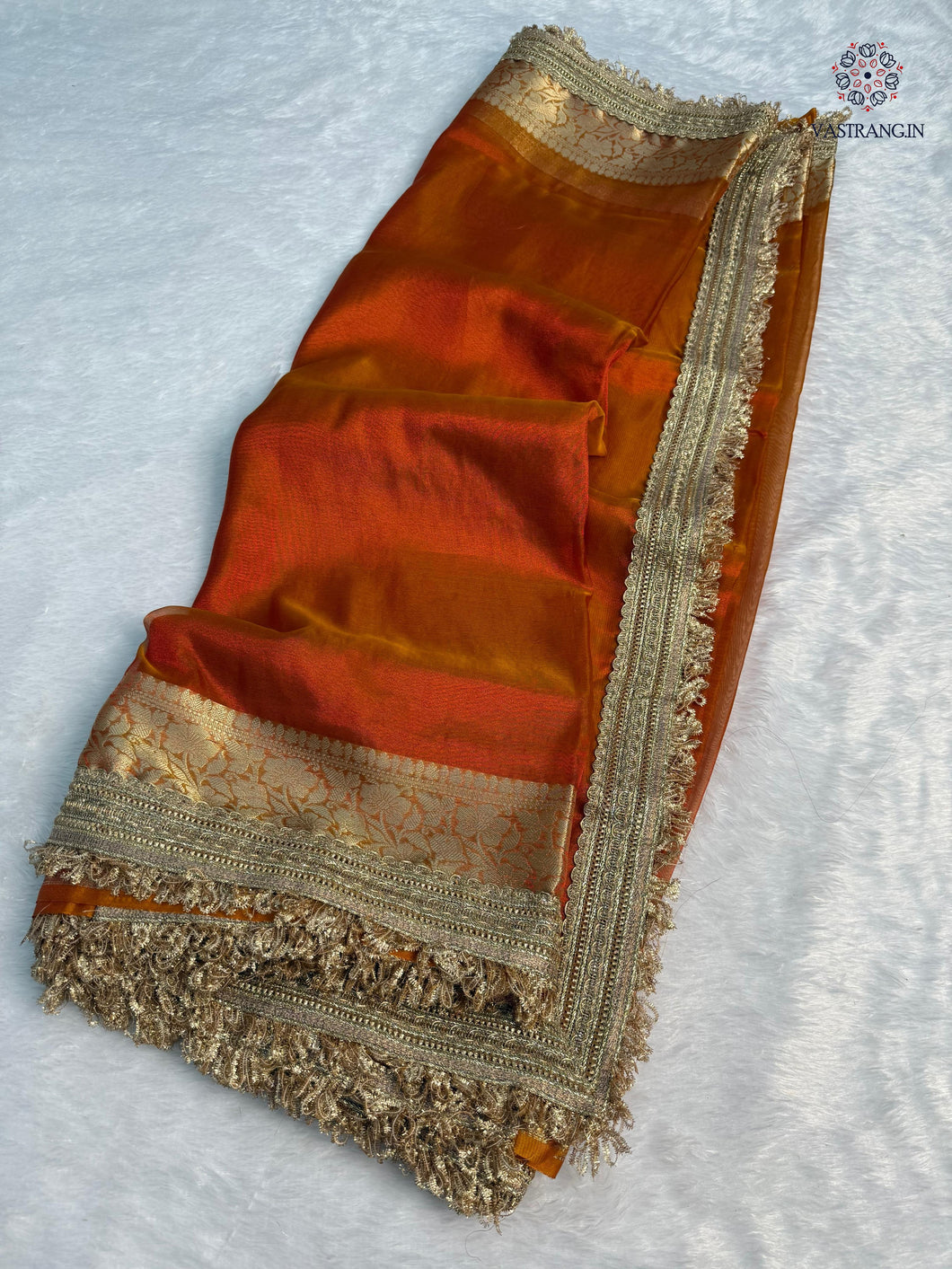 New Orange Color Banarasi Tissue Silk Jacquard n Lace Work Fancy Designer Wedding Wear Saree