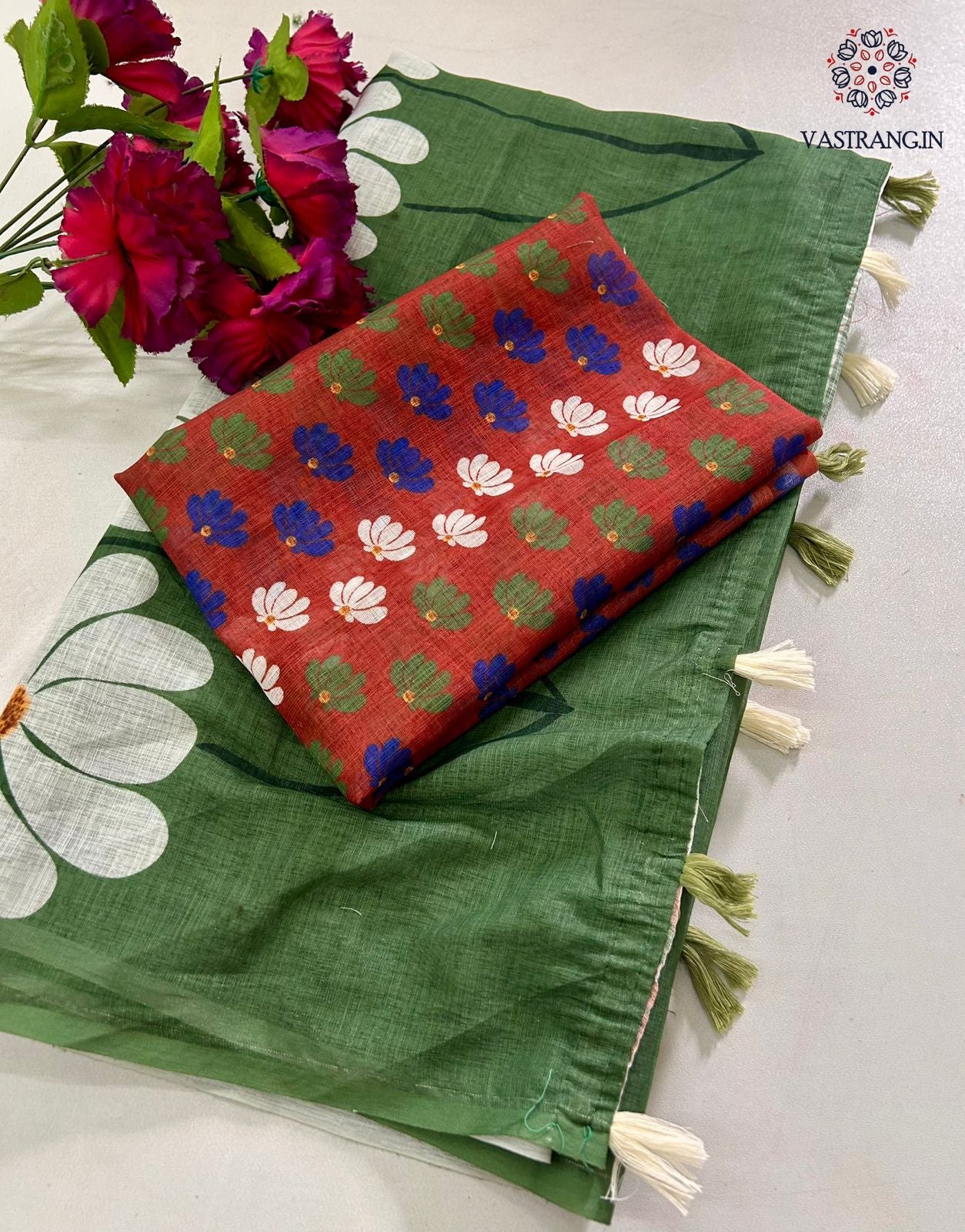 Latest Function Wear Soft Linen Cotton Print With Tassles Work Fancy Designer Saree With Blouse