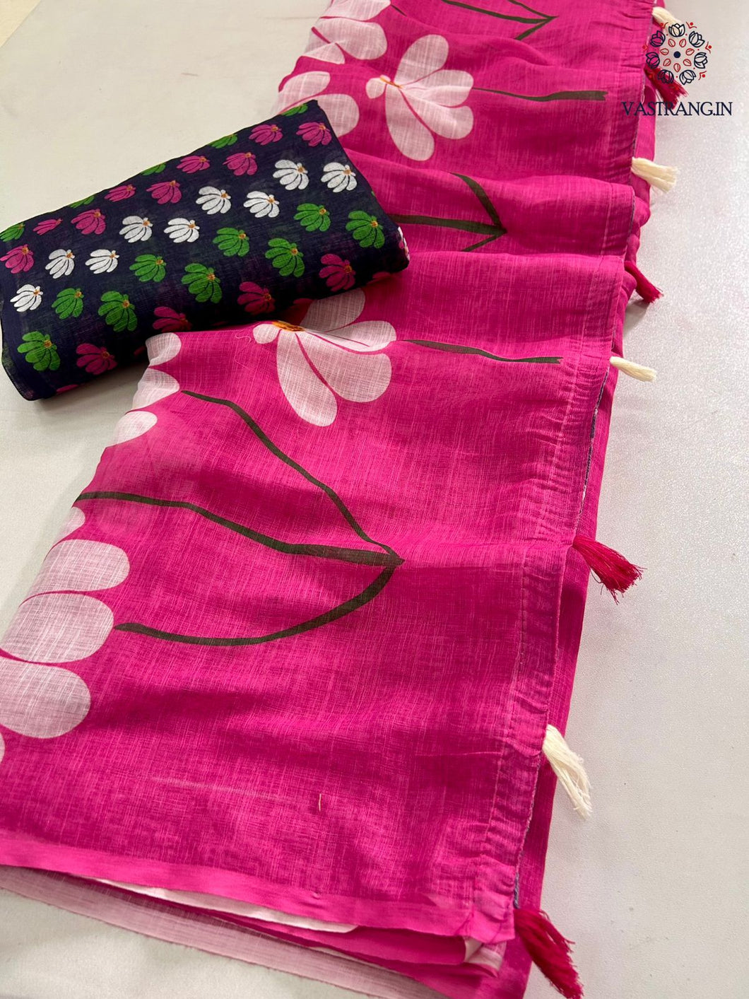 Latest Function Wear Soft Linen Cotton Print With Tassles Work Fancy Designer Saree With Blouse