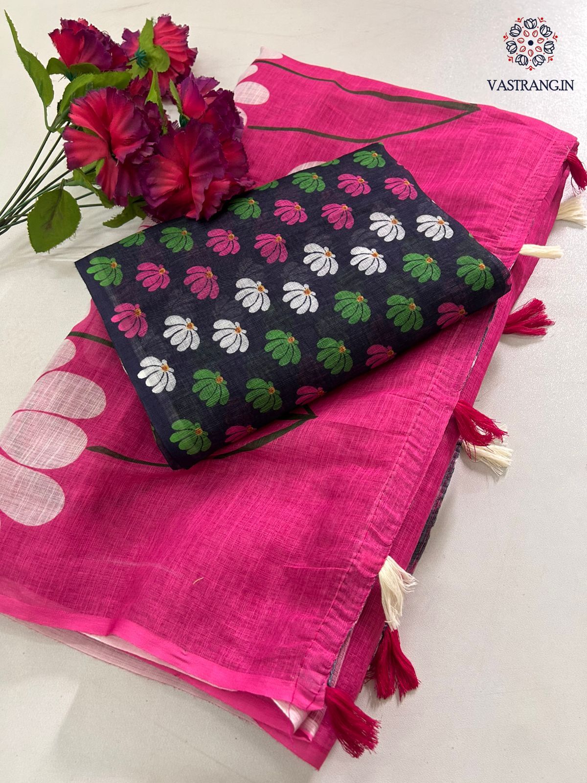 Latest Function Wear Soft Linen Cotton Print With Tassles Work Fancy Designer Saree With Blouse