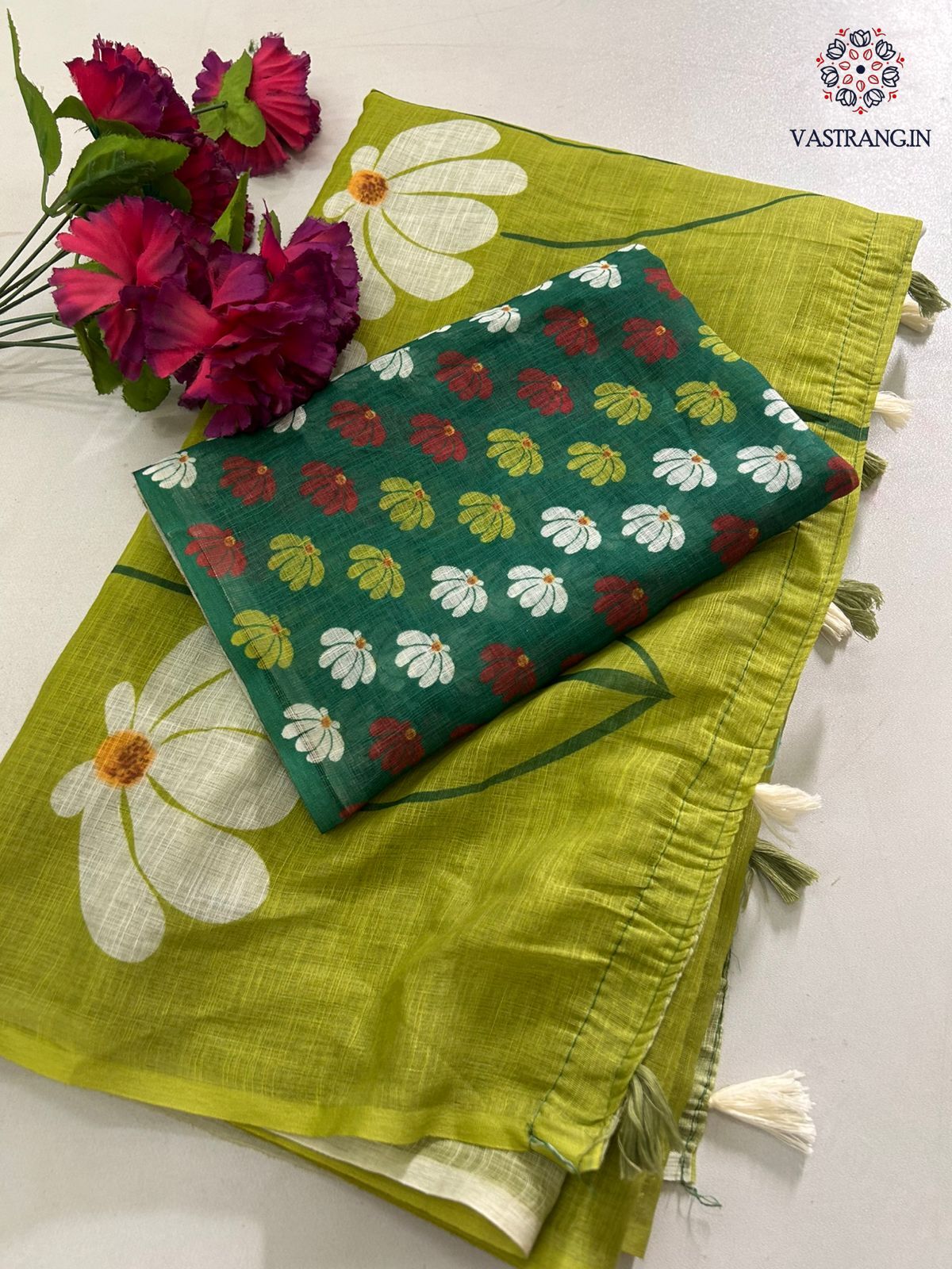 Latest Function Wear Soft Linen Cotton Print With Tassles Work Fancy Designer Saree With Blouse