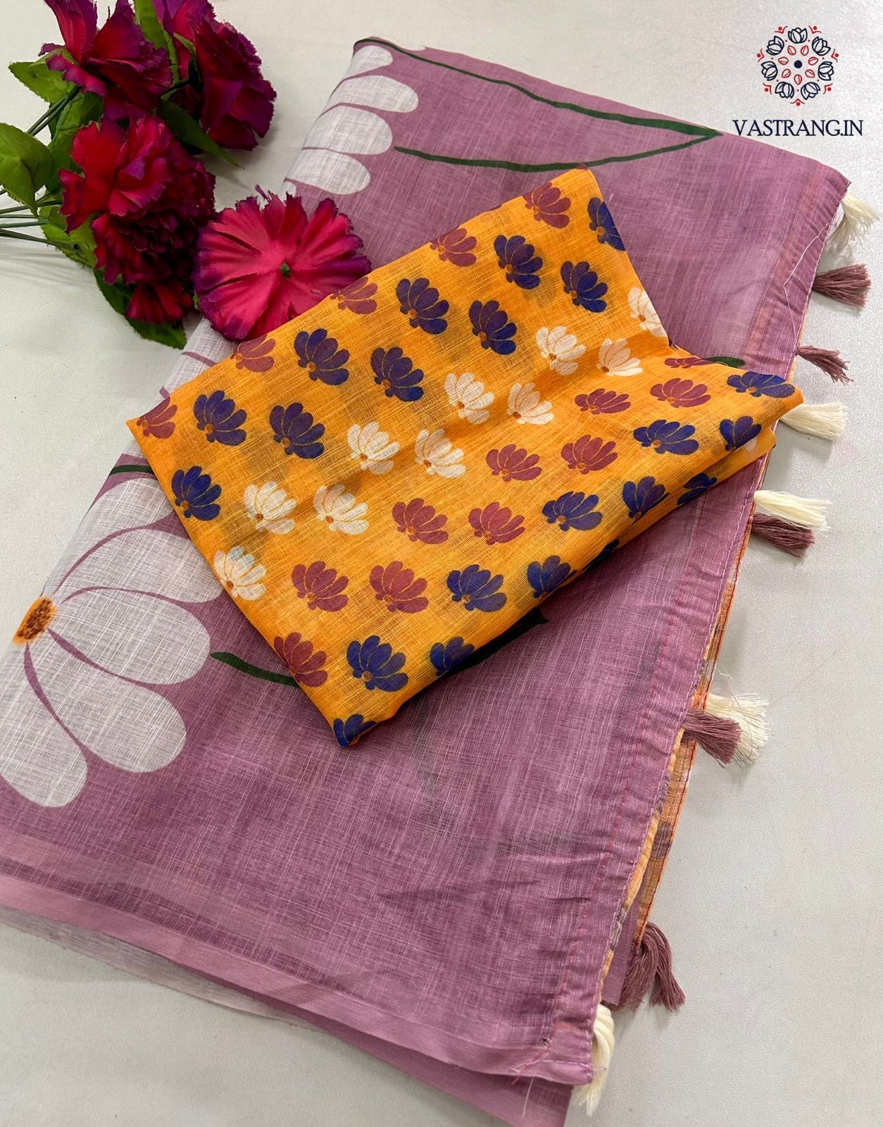 Latest Function Wear Soft Linen Cotton Print With Tassles Work Fancy Designer Saree With Blouse