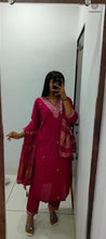 Load image into Gallery viewer, New Festive Wear Cherry Color Roman Silk Embroidery n Sequence Work Designer Straight Kurta With Trouser n Dupatta Set
