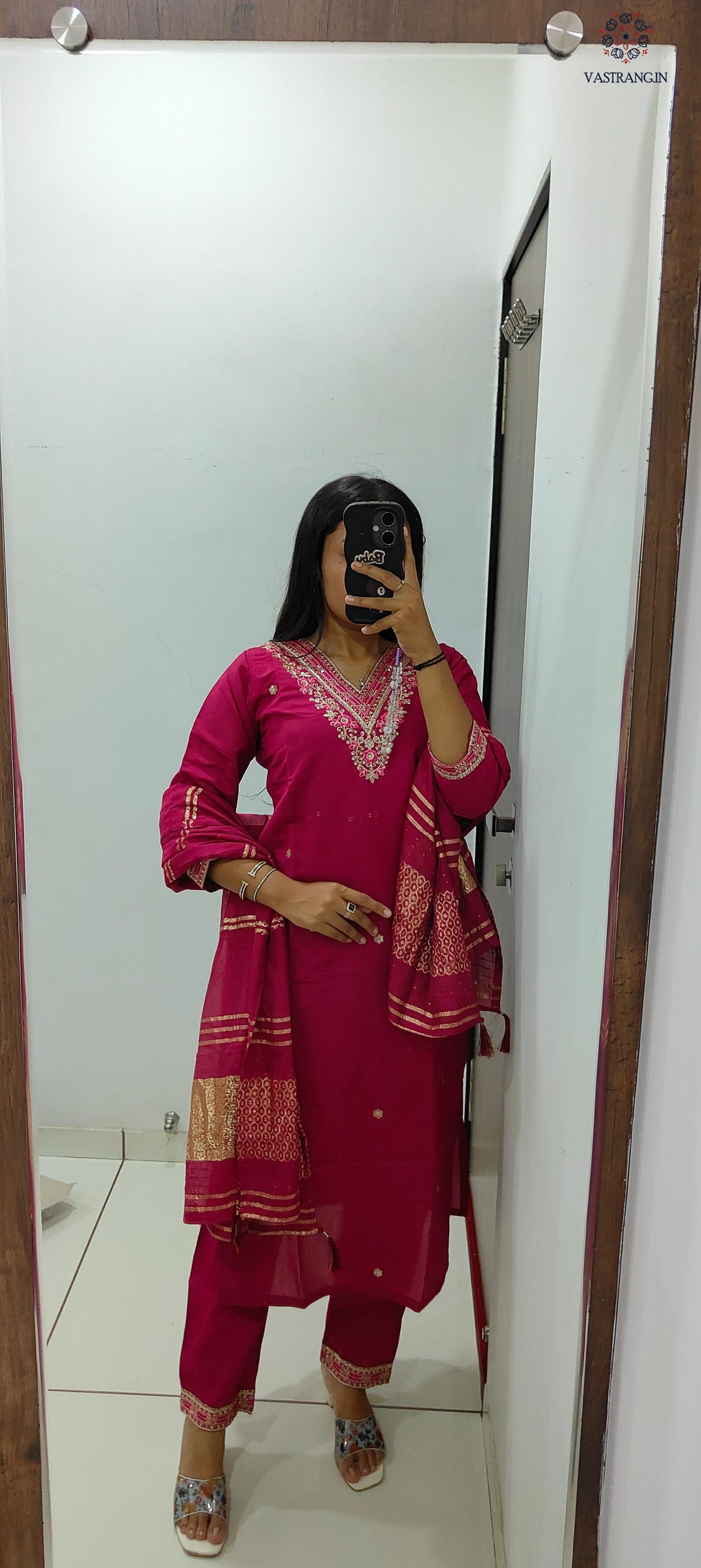 New Festive Wear Cherry Color Roman Silk Embroidery n Sequence Work Designer Straight Kurta With Trouser n Dupatta Set