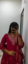 Load image into Gallery viewer, New Festive Wear Cherry Color Roman Silk Embroidery n Sequence Work Designer Straight Kurta With Trouser n Dupatta Set
