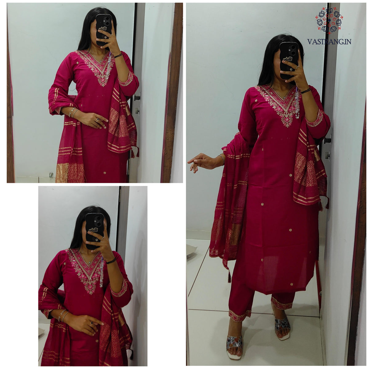 New Festive Wear Cherry Color Roman Silk Embroidery n Sequence Work Designer Straight Kurta With Trouser n Dupatta Set