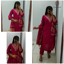 Load image into Gallery viewer, New Festive Wear Cherry Color Roman Silk Embroidery n Sequence Work Designer Straight Kurta With Trouser n Dupatta Set
