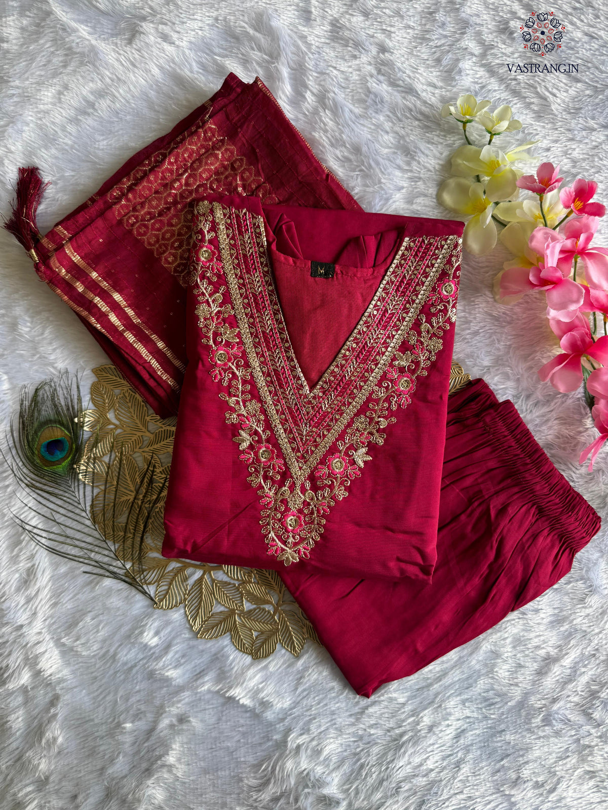 New Festive Wear Cherry Color Roman Silk Embroidery n Sequence Work Designer Straight Kurta With Trouser n Dupatta Set