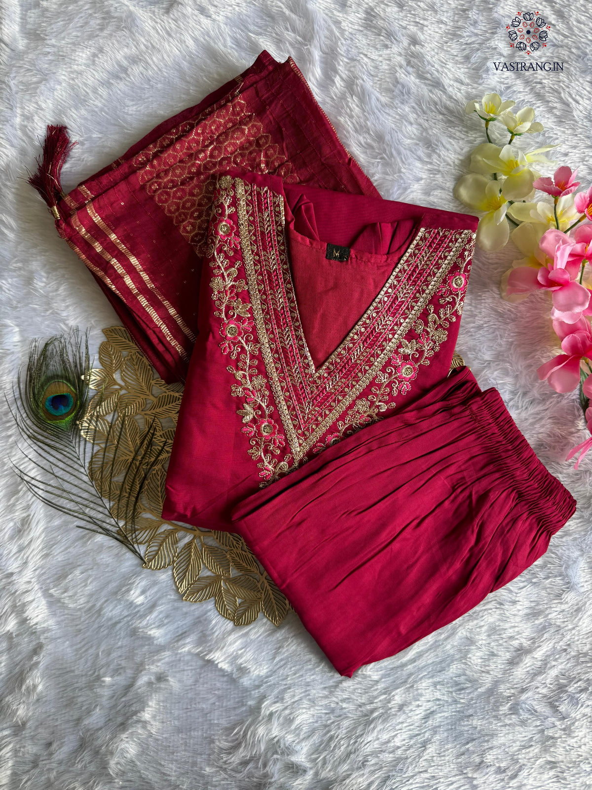 New Festive Wear Cherry Color Roman Silk Embroidery n Sequence Work Designer Straight Kurta With Trouser n Dupatta Set