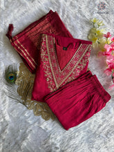 Load image into Gallery viewer, New Festive Wear Cherry Color Roman Silk Embroidery n Sequence Work Designer Straight Kurta With Trouser n Dupatta Set
