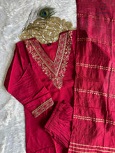 Load image into Gallery viewer, New Festive Wear Cherry Color Roman Silk Embroidery n Sequence Work Designer Straight Kurta With Trouser n Dupatta Set
