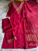 Load image into Gallery viewer, New Festive Wear Cherry Color Roman Silk Embroidery n Sequence Work Designer Straight Kurta With Trouser n Dupatta Set
