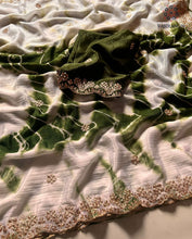 Load image into Gallery viewer, Marvellous Party Wear Double Shaded Dyeing Chinnon Silk Embroidery N Moti Cut Work Border Fancy Designer Saree For Ceremonial Occasion
