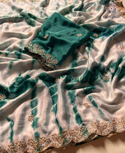 Load image into Gallery viewer, Marvellous Party Wear Double Shaded Dyeing Chinnon Silk Embroidery N Moti Cut Work Border Fancy Designer Saree For Ceremonial Occasion
