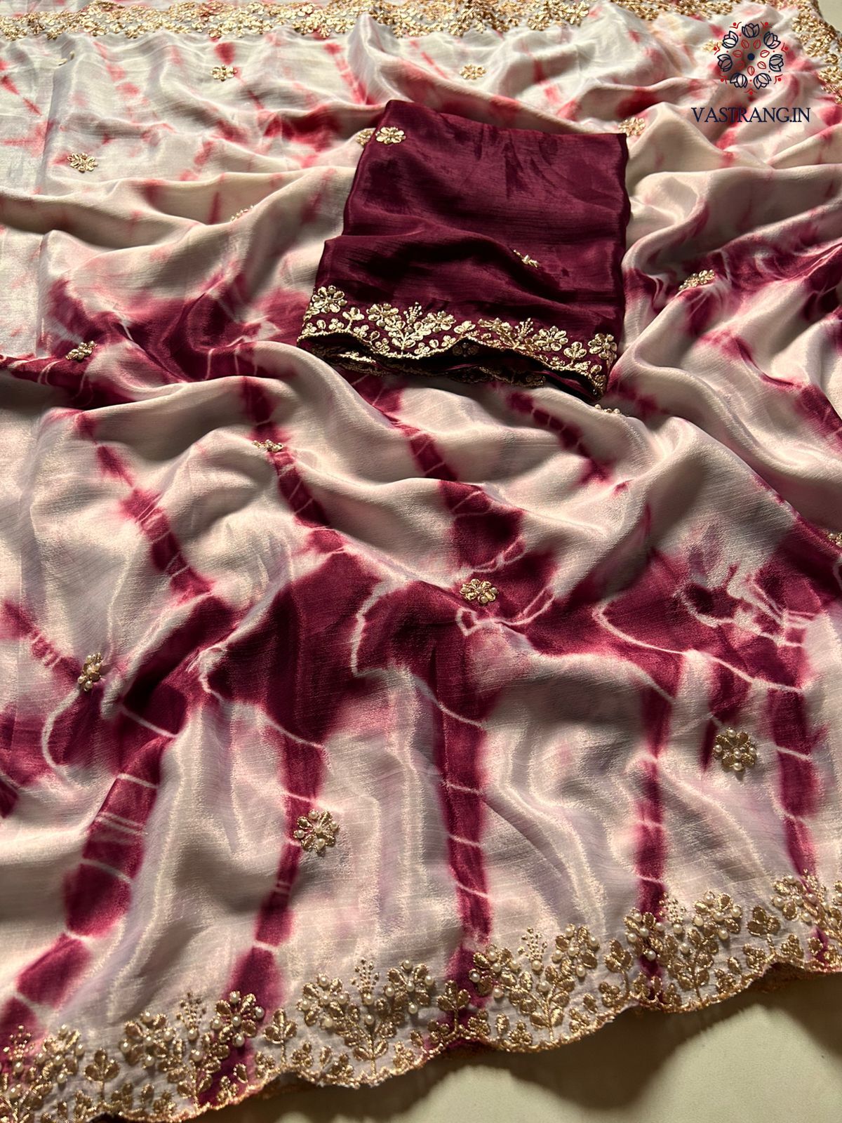 Marvellous Party Wear Double Shaded Dyeing Chinnon Silk Embroidery N Moti Cut Work Border Fancy Designer Saree For Ceremonial Occasion