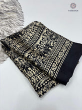 Load image into Gallery viewer, New Function Wear Black Color Pure Satin Silk Ajrak Printed Rich Pallu n Tussles Work Fancy Designer Saree
