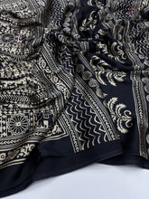 Load image into Gallery viewer, New Function Wear Black Color Pure Satin Silk Ajrak Printed Rich Pallu n Tussles Work Fancy Designer Saree
