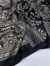 Load image into Gallery viewer, New Function Wear Black Color Pure Satin Silk Ajrak Printed Rich Pallu n Tussles Work Fancy Designer Saree
