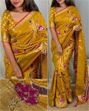 Load image into Gallery viewer, Elegant New Festive Wear Soft Cotton Designer Tussles Print n Weaving Work Saree For Women
