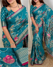 Load image into Gallery viewer, Elegant New Festive Wear Soft Cotton Designer Tussles Print n Weaving Work Saree For Women
