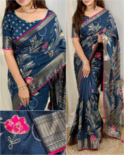 Load image into Gallery viewer, Elegant New Festive Wear Soft Cotton Designer Tussles Print n Weaving Work Saree For Women
