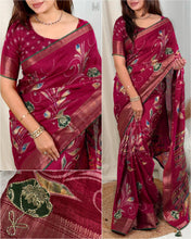 Load image into Gallery viewer, Elegant New Festive Wear Soft Cotton Designer Tussles Print n Weaving Work Saree For Women
