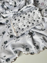 Load image into Gallery viewer, Adorable Party Wear White Colour Pure Satin Georgette Black Flower Print n Diamond Cut Work Fancy Designer Saree for Wedding
