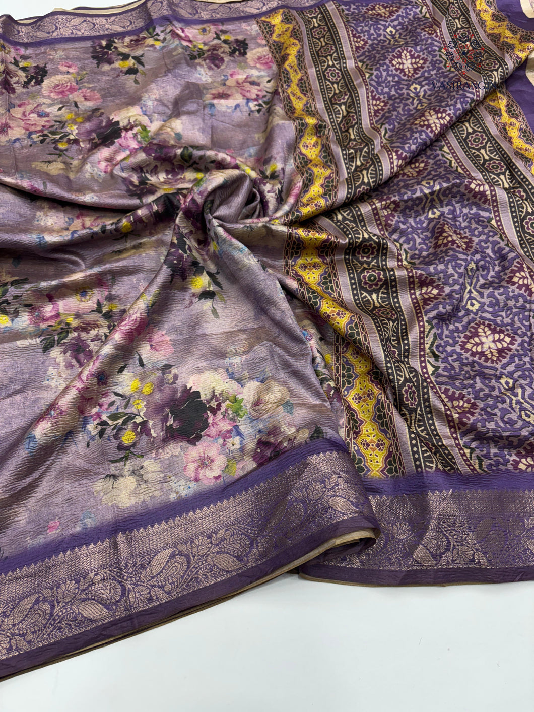 New Staring Purple Color Crush Silk Print n Jacquard Weaving Work Rich Pallu Designer Saree