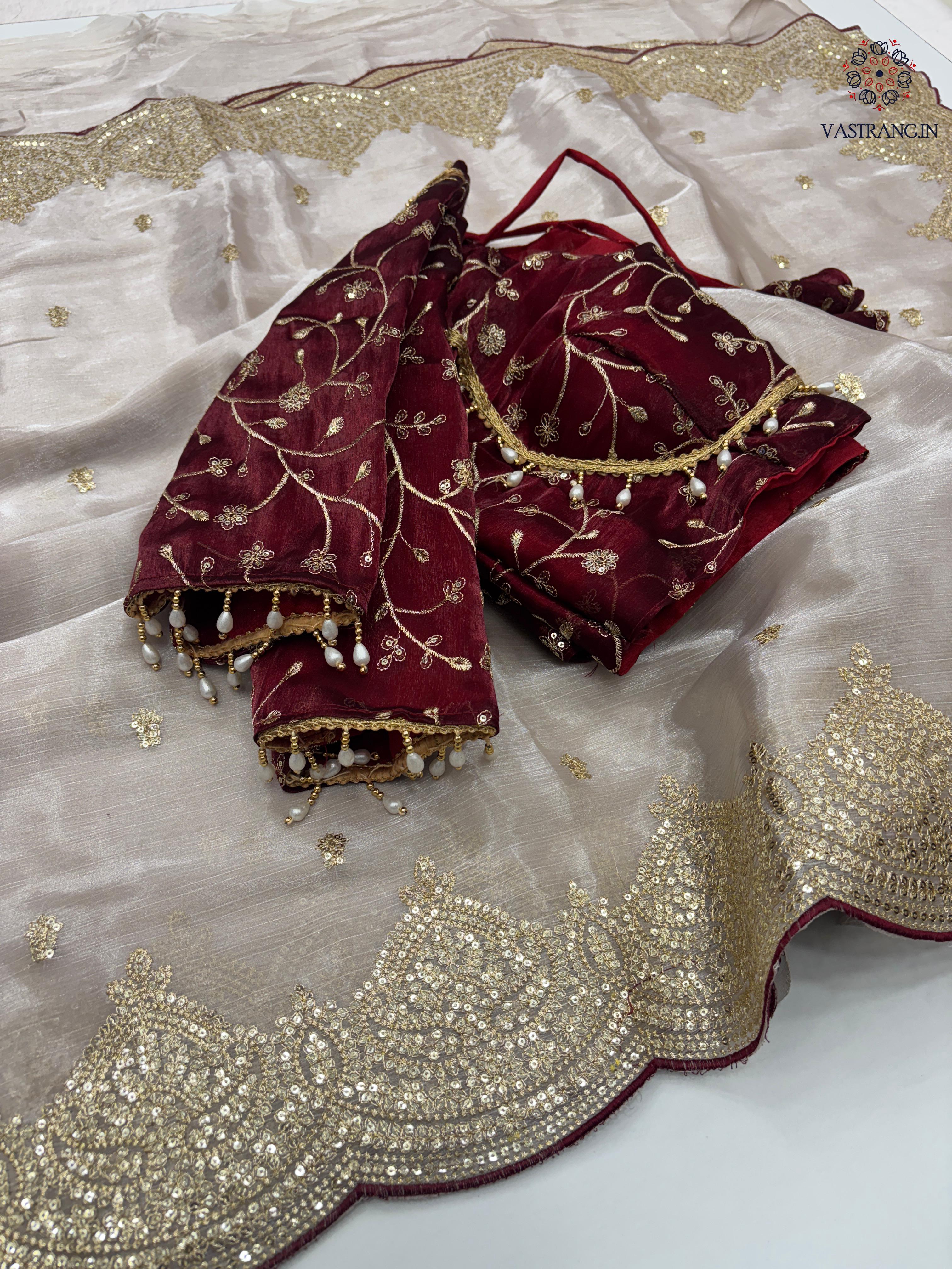 New Partywear Wear Silk Embroidery n Sequence Work Fancy Designer Saree With Unstitched Blouse
