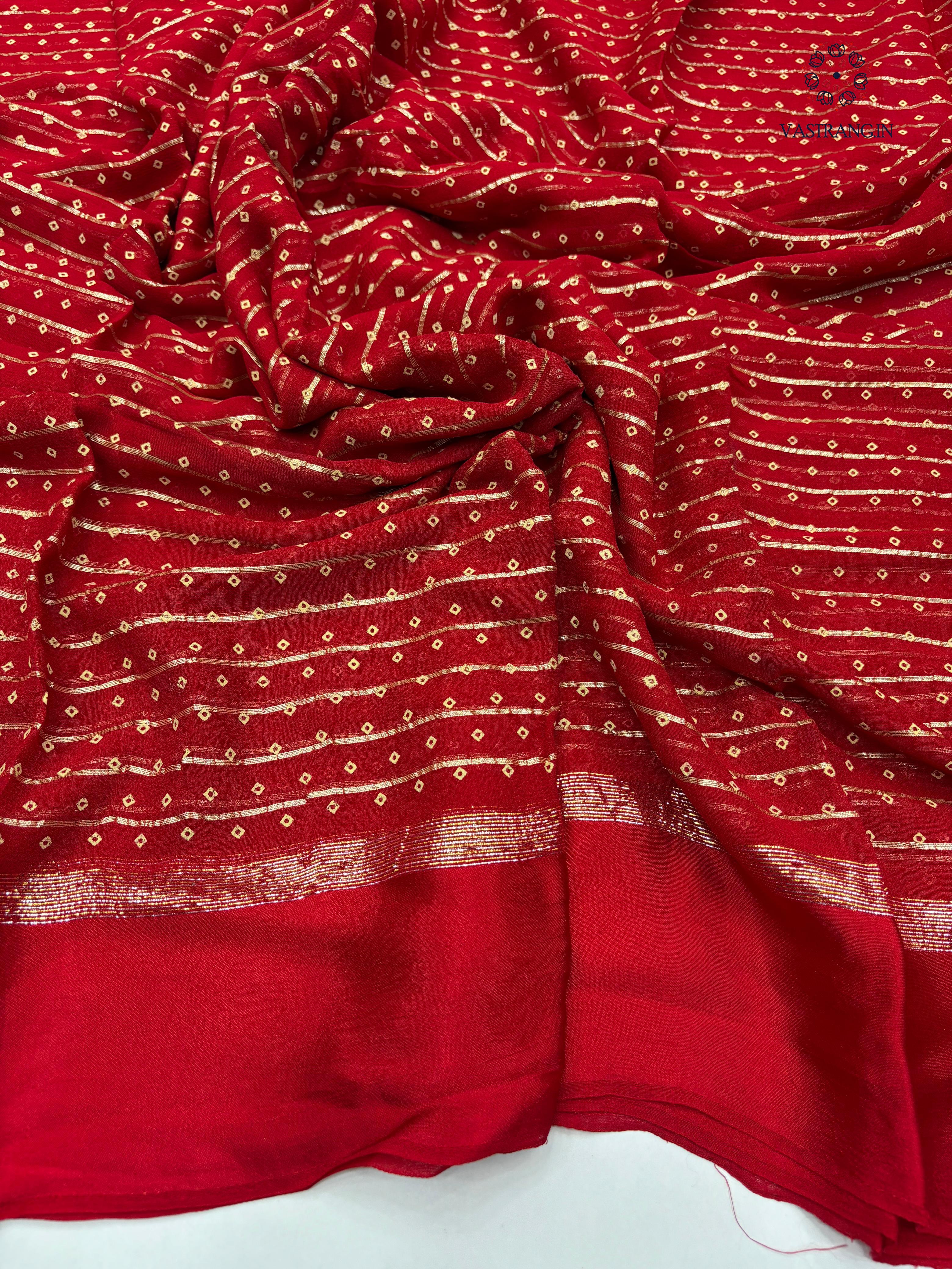 Elegant Party Wear Pure Viscose Georgette Weaving Jacquard Bandhani Print With Satin Border Fancy Desginer Saree For Ceremonial Occasion
