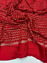 Load image into Gallery viewer, Elegant Party Wear Pure Viscose Georgette Weaving Jacquard Bandhani Print With Satin Border Fancy Desginer Saree For Ceremonial Occasion

