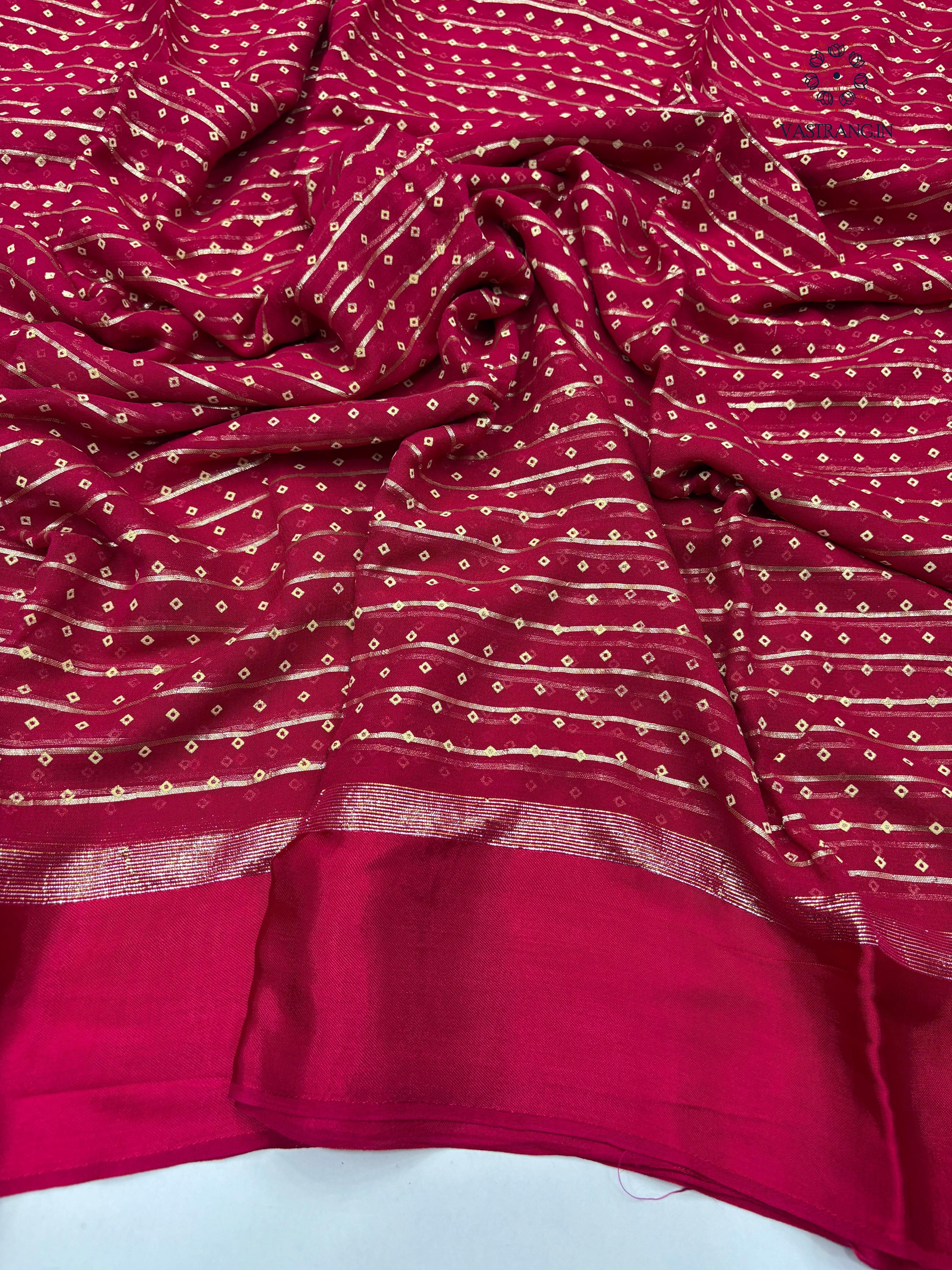 Elegant Party Wear Pure Viscose Georgette Weaving Jacquard Bandhani Print With Satin Border Fancy Desginer Saree For Ceremonial Occasion
