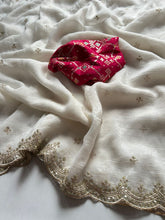 Load image into Gallery viewer, New Off White Color Partywear Crunchy Silk Embroidery n Cut Work Fancy Designer Saree

