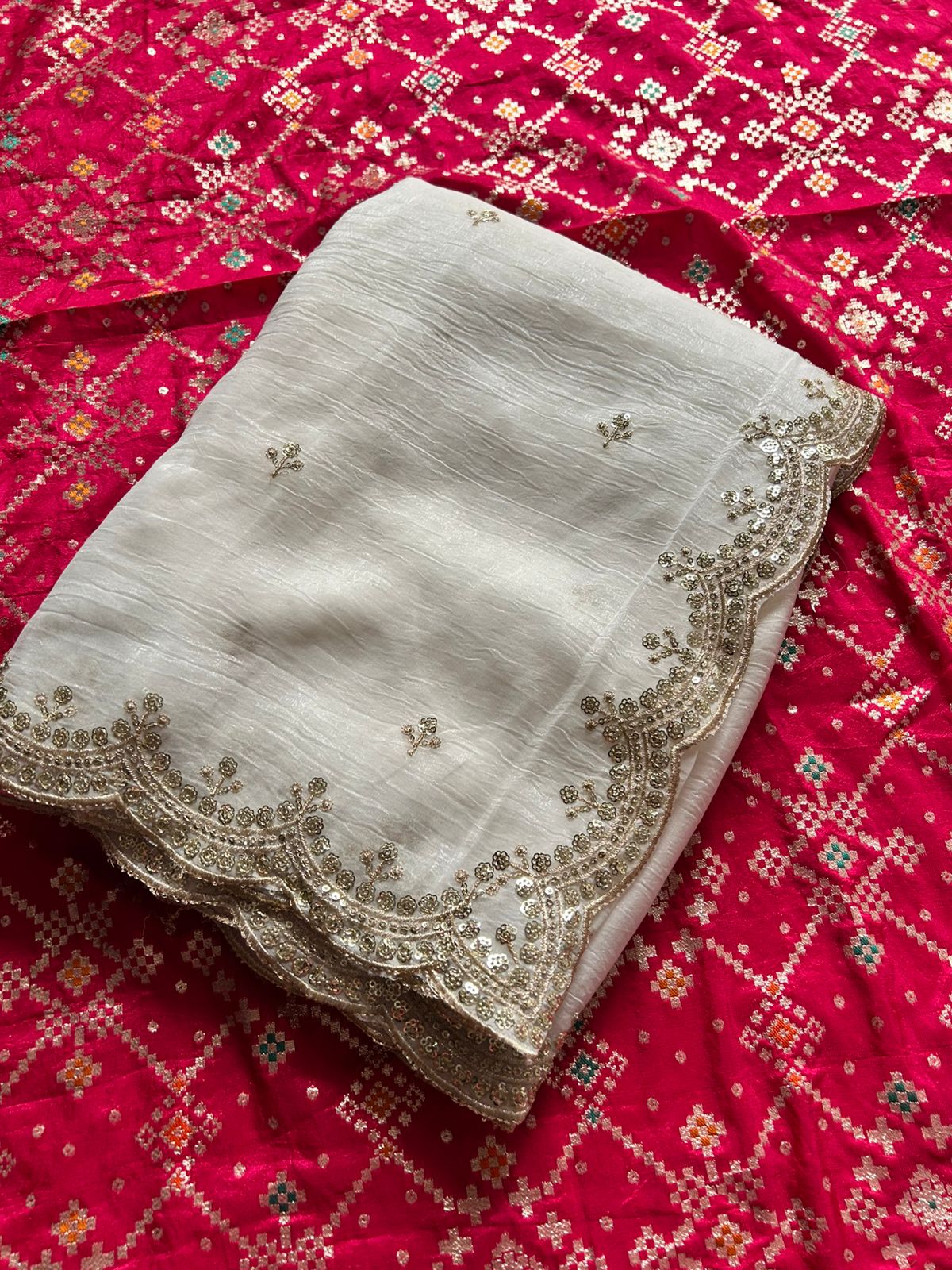 New Off White Color Partywear Crunchy Silk Embroidery n Cut Work Fancy Designer Saree