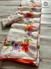 Load image into Gallery viewer, Glamorous Party Wear White Colour Linen Cotton Digital Print Lace Border Saree with Blouse
