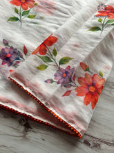 Load image into Gallery viewer, Glamorous Party Wear White Colour Linen Cotton Digital Print Lace Border Saree with Blouse
