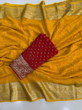 Load image into Gallery viewer, Gorgeous Festive Wear Yellow Color Viscose Georgette Jacquard Weaving Work Fancy Designer Saree

