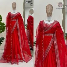 Load image into Gallery viewer, New Glorious Red Color Faux Georgette Sequence n Pearl Work Designer Saree Blouse With Stunner Dupatta
