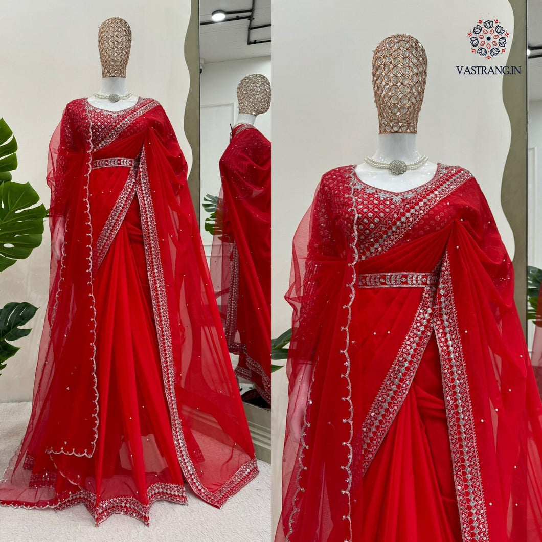 New Glorious Red Color Faux Georgette Sequence n Pearl Work Designer Saree Blouse With Stunner Dupatta