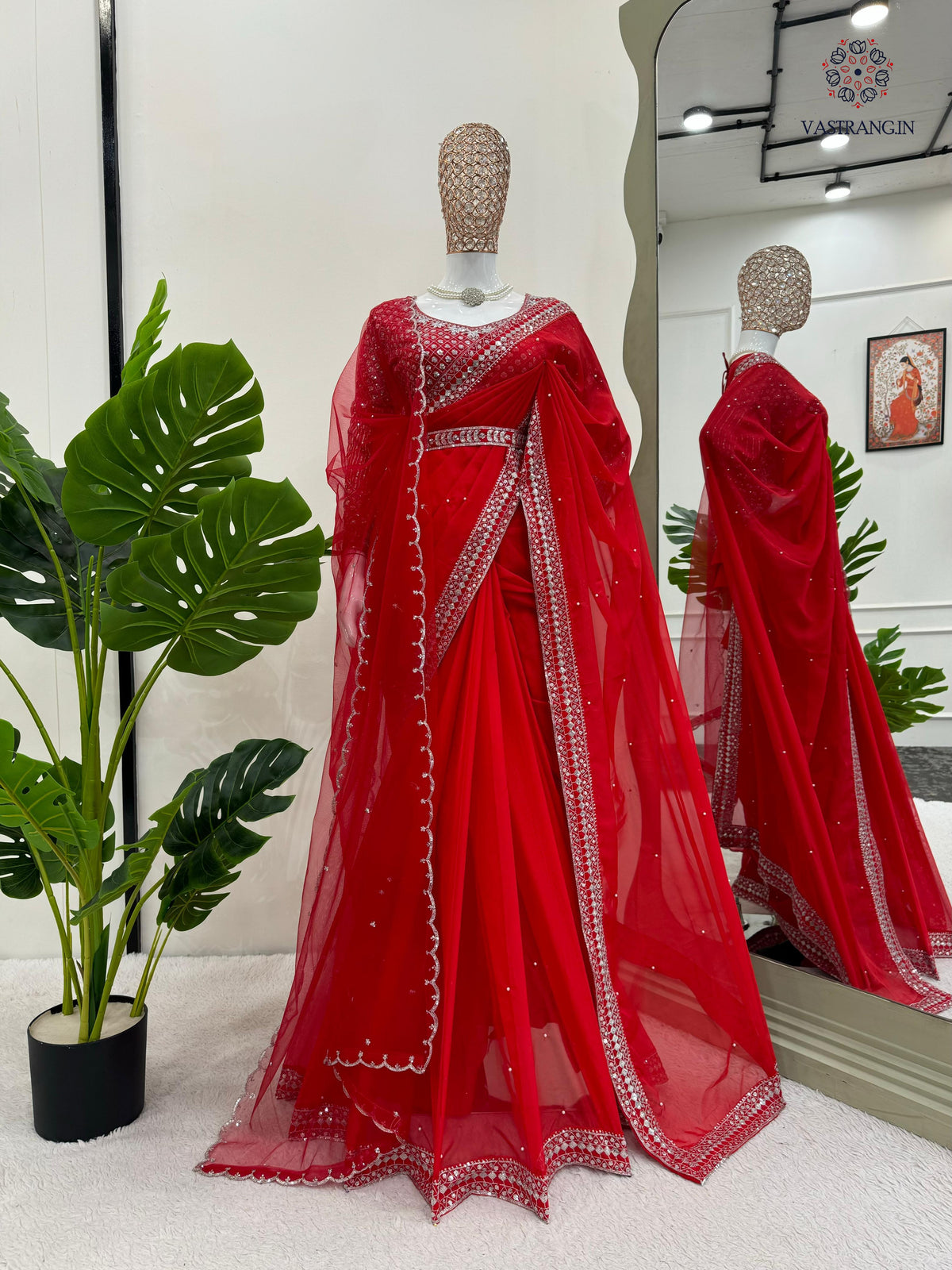 New Glorious Red Color Faux Georgette Sequence n Pearl Work Designer Saree Blouse With Stunner Dupatta