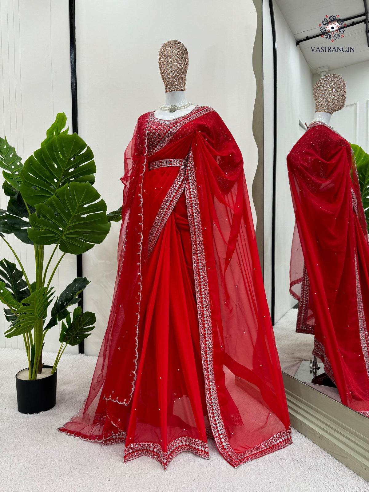 New Glorious Red Color Faux Georgette Sequence n Pearl Work Designer Saree Blouse With Stunner Dupatta