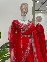 Load image into Gallery viewer, New Glorious Red Color Faux Georgette Sequence n Pearl Work Designer Saree Blouse With Stunner Dupatta
