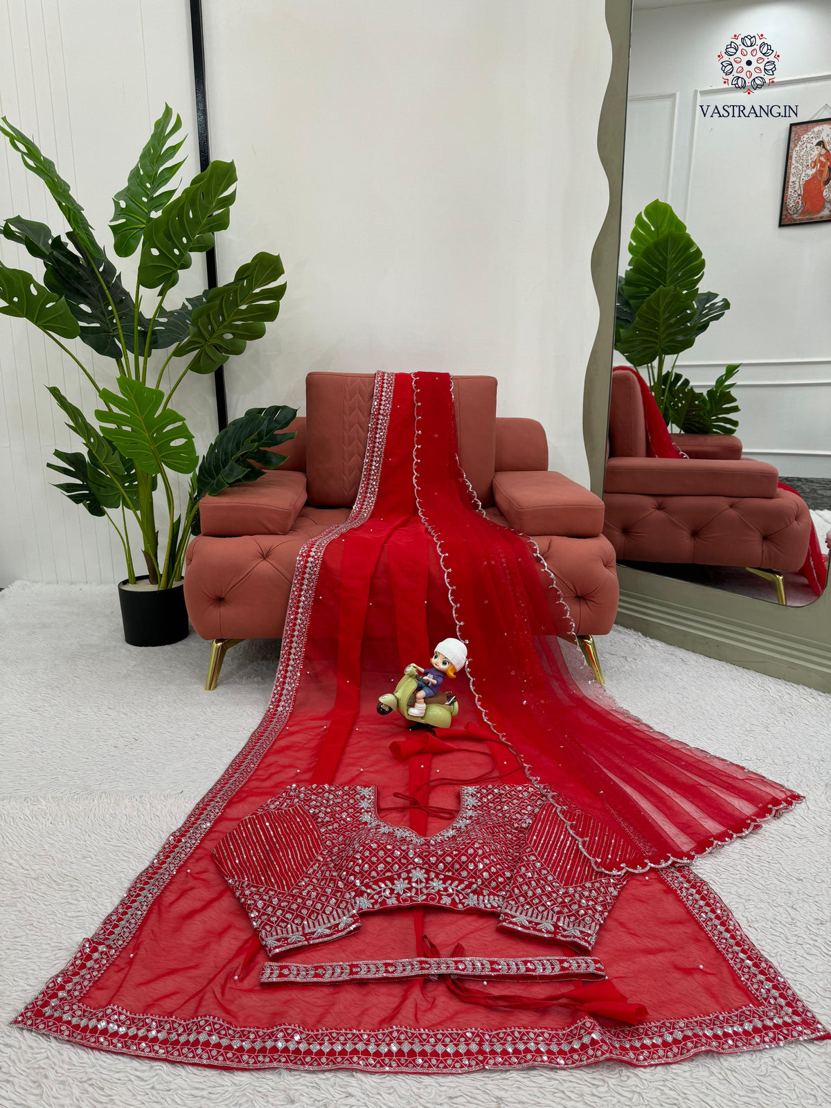 New Glorious Red Color Faux Georgette Sequence n Pearl Work Designer Saree Blouse With Stunner Dupatta
