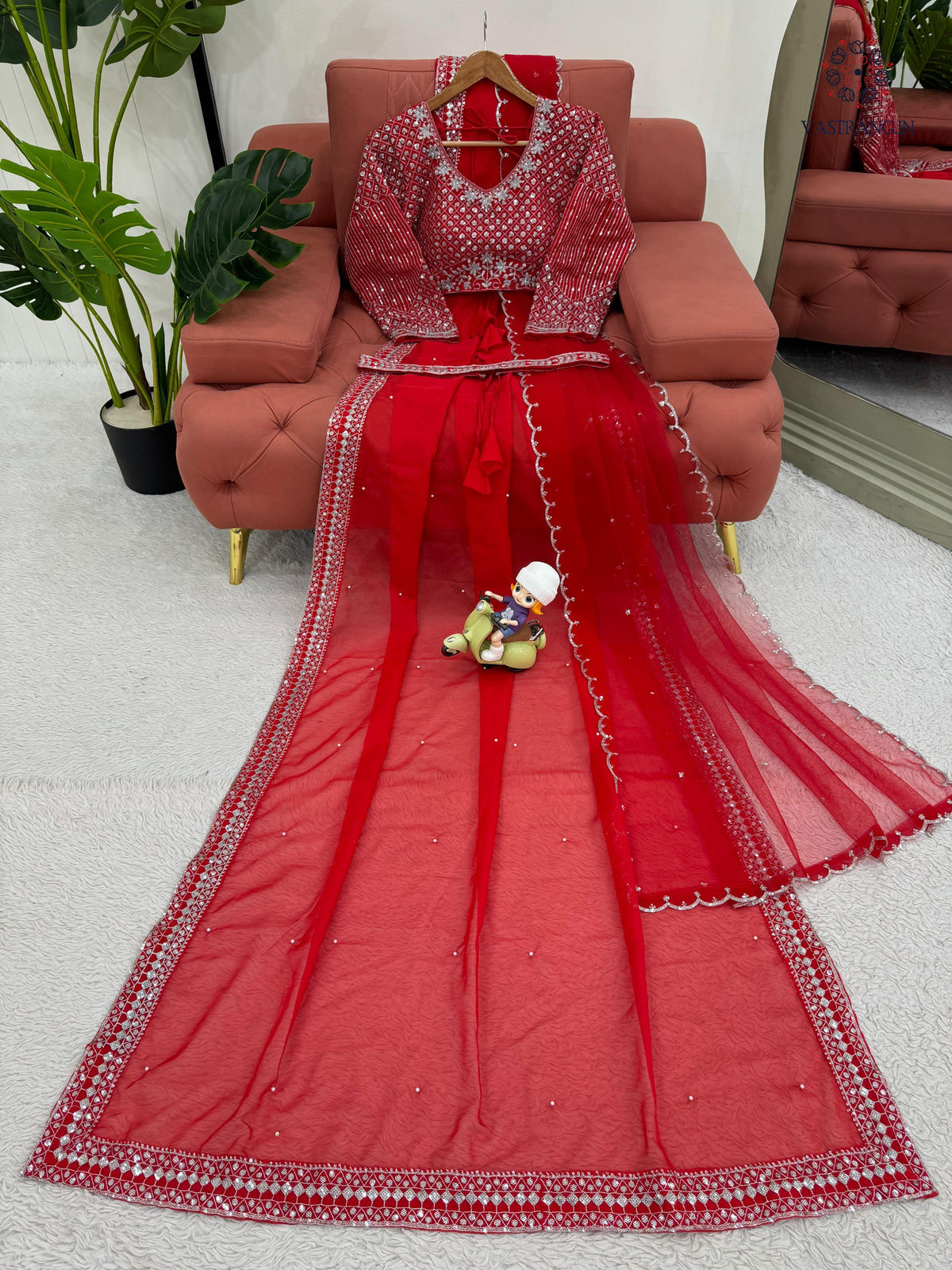 New Glorious Red Color Faux Georgette Sequence n Pearl Work Designer Saree Blouse With Stunner Dupatta