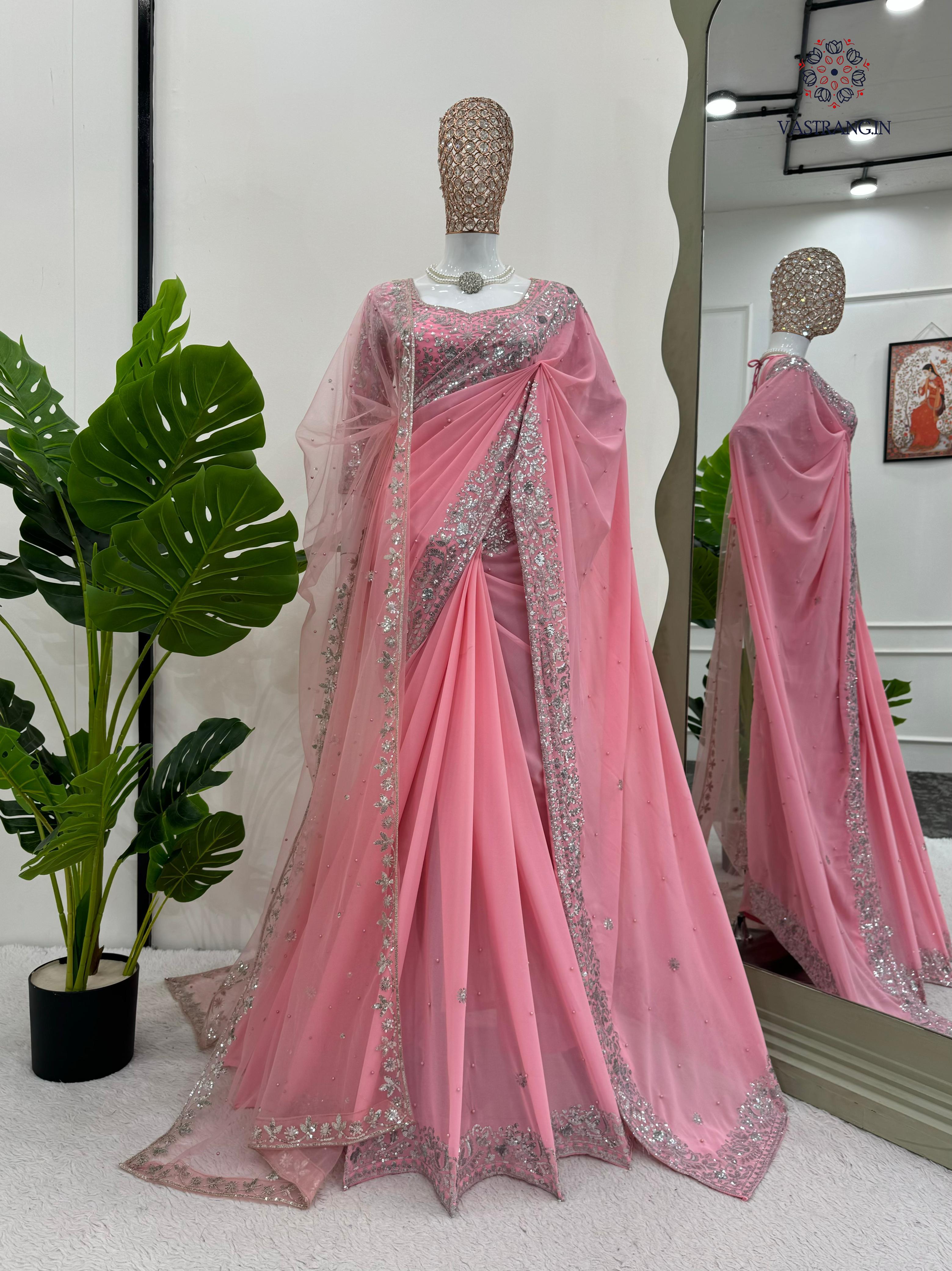 New Festive Wear Pink Color Faux Georgette Sequence n Pearl Work Fancy Designer Saree n Blouse With Stunner Dupatta