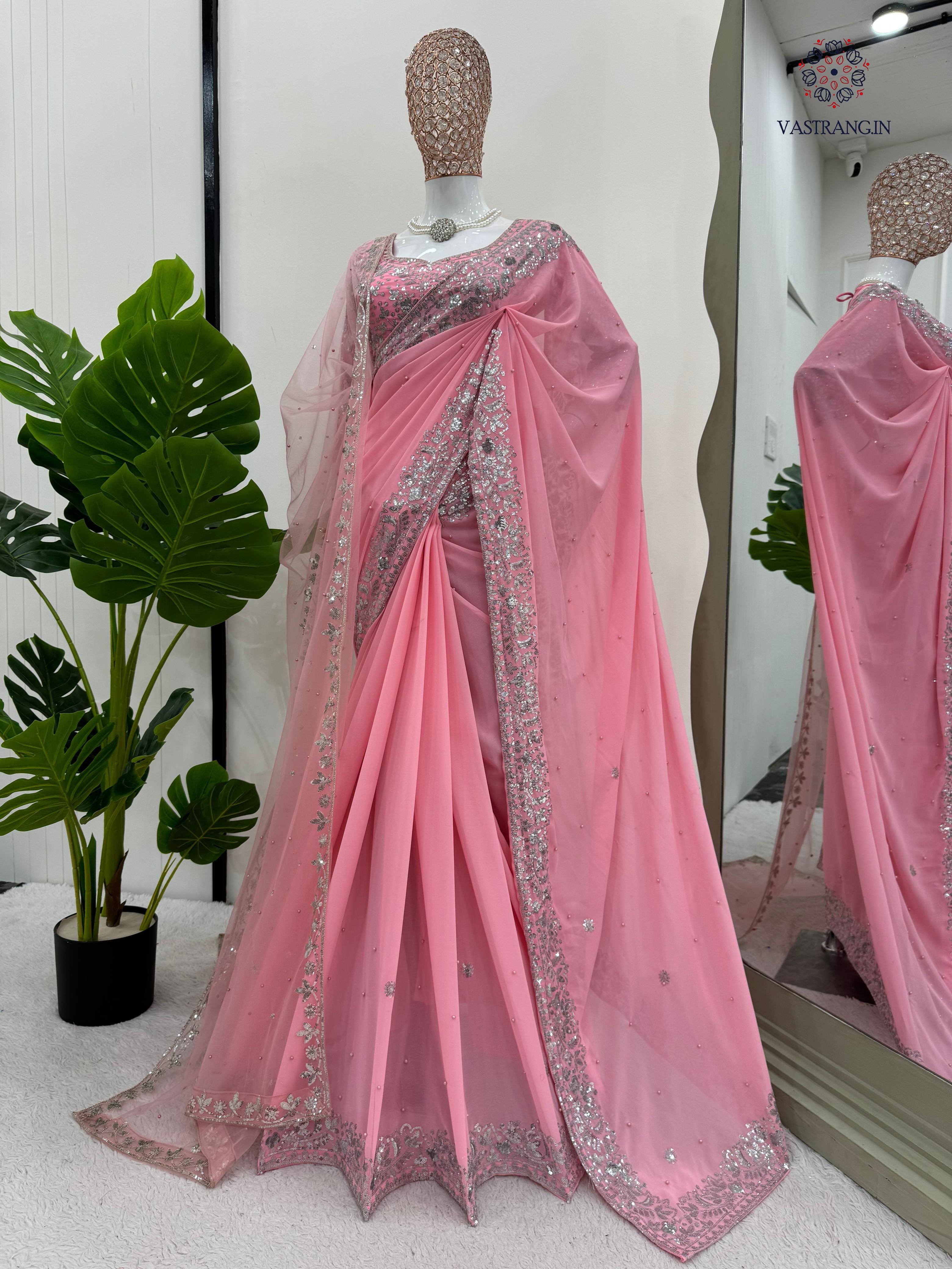 New Festive Wear Pink Color Faux Georgette Sequence n Pearl Work Fancy Designer Saree n Blouse With Stunner Dupatta